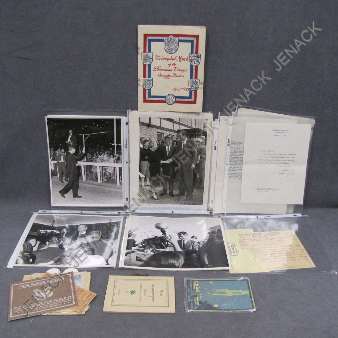 LOT ASSORTED ROBERT F. KENNEDY EPHEMERA: LOT ASSORTED ROBERT F. KENNEDY EPHEMERA INCLUDING CAMPAIGN PHOTOGRAPHS TAKEN IN SULLIVAN COUNTY N.Y., INVITATIONS, CAMPAIGN SOUVENIRS, SIGNED LETTERS AND RELATED MATERIAL