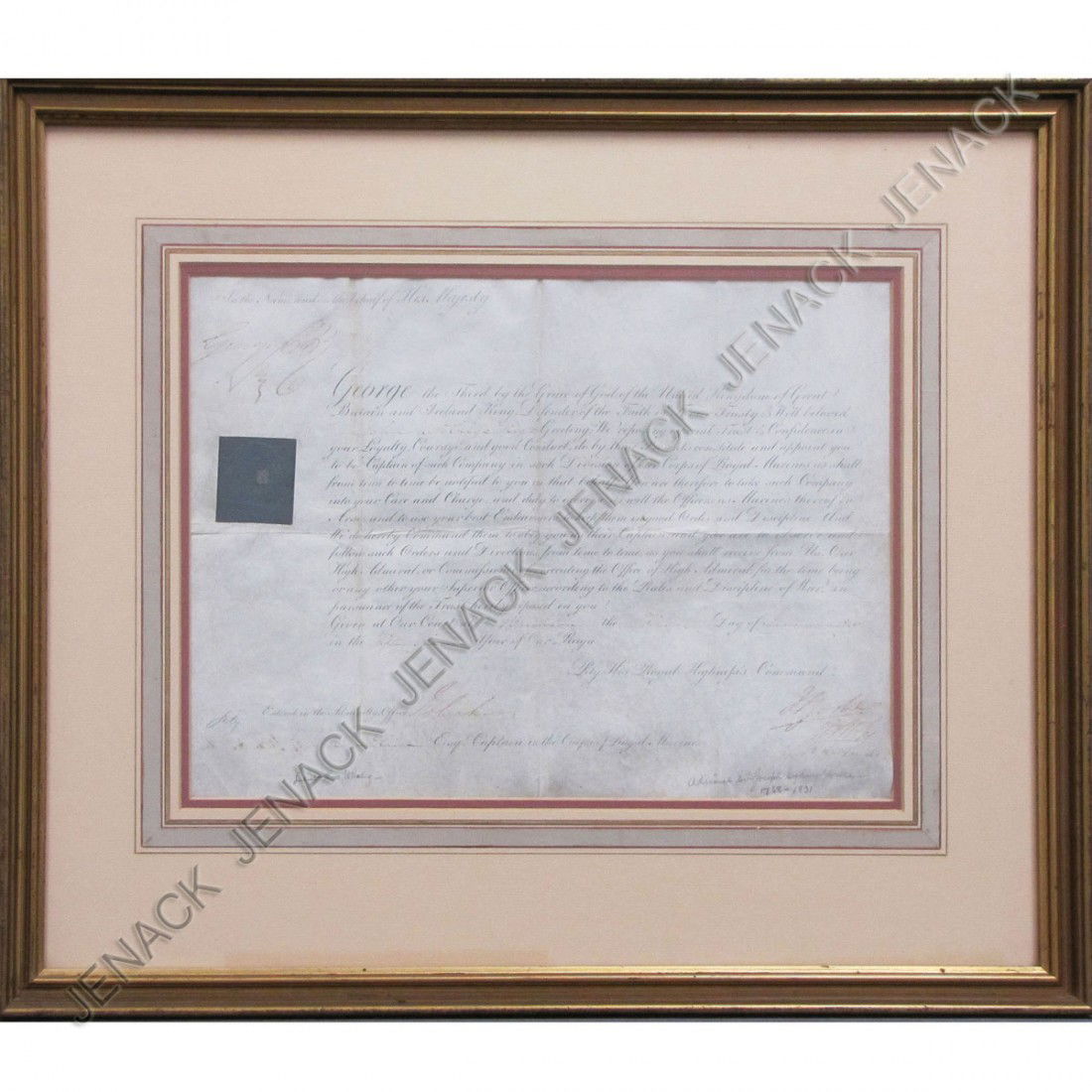 KING GEORGE III (KING OF ENGLAND 1738-1820): KING GEORGE III (KING OF ENGLAND 1738-1820) PARTIALLY PRINTED ON VELLUM, SIGNED & SEALED APPOINTMENT-ROYAL MARINES, JAN. 1, 1816. FRAMED & GLAZED 20 1/2 X 24"