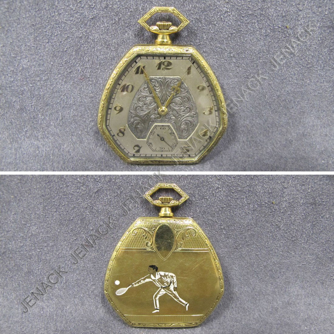 EBEL 14K/ENAMEL 17 JEWEL DRESS POCKET WATCH: VINTAGE EBEL 14K/ENAMEL 17 JEWEL DRESS POCKET WATCH WITH TENNIS PLAYER VERSO. 38MM