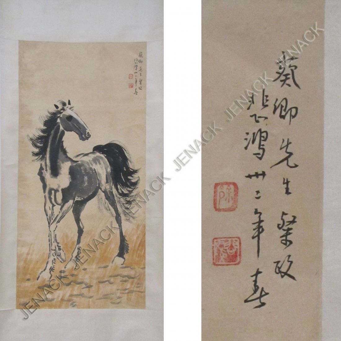 AFTER XU BEI HONG, CHINESE INK/WATERCOLOR SCROLL: AFTER XU BEI HONG, CHINESE INK/WATERCOLOR SCROLL PAINTING ON PAPER, HORSE. 39 1/2 X 19"
