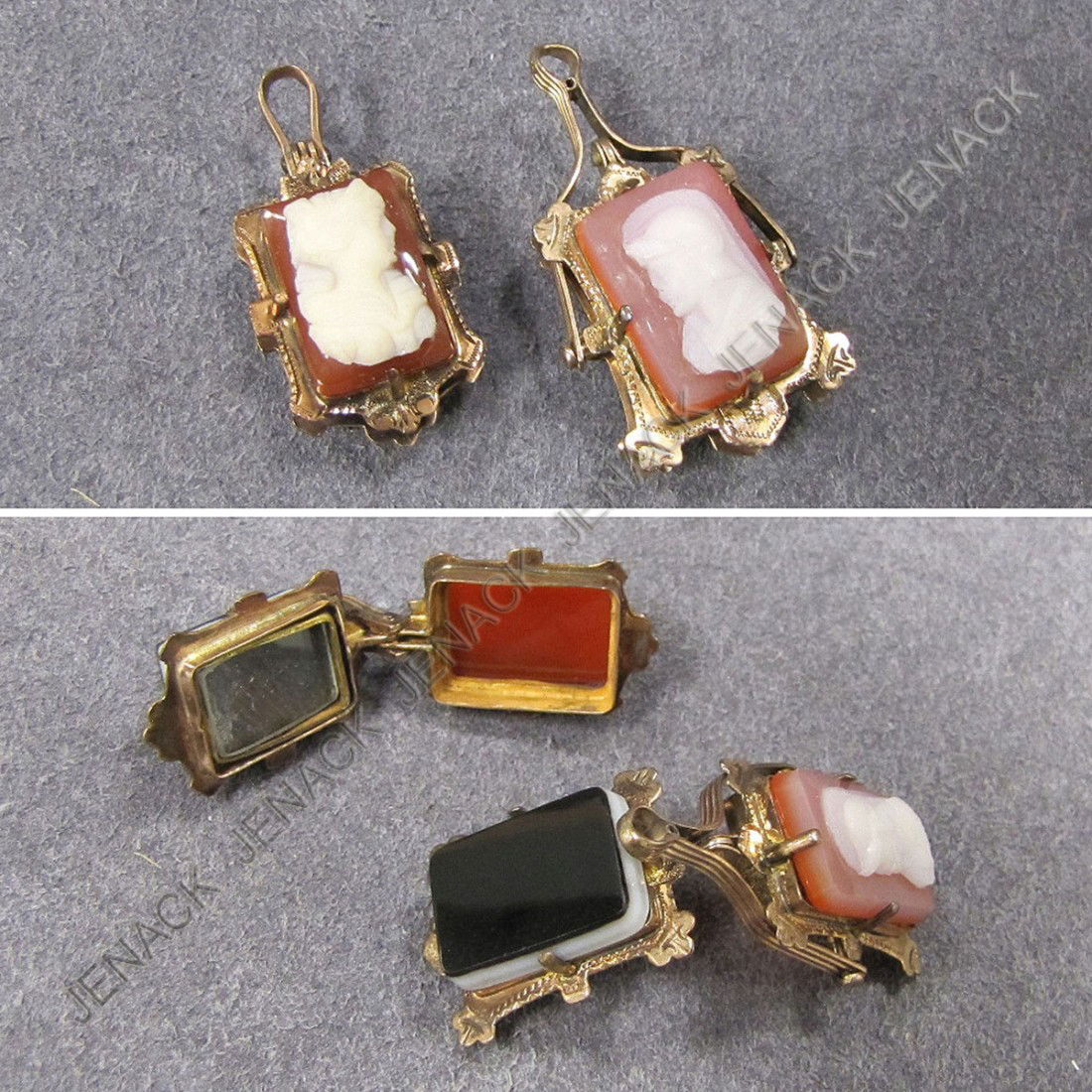 PAIR VICTORIAN PINK GOLD HAIR LOCKETS: PAIR VICTORIAN PINK GOLD (TESTS 10K) LAYERED ONYX AND SARD ONYX CAMEO HAIR LOCKETS. LENGTH 1 1/4"