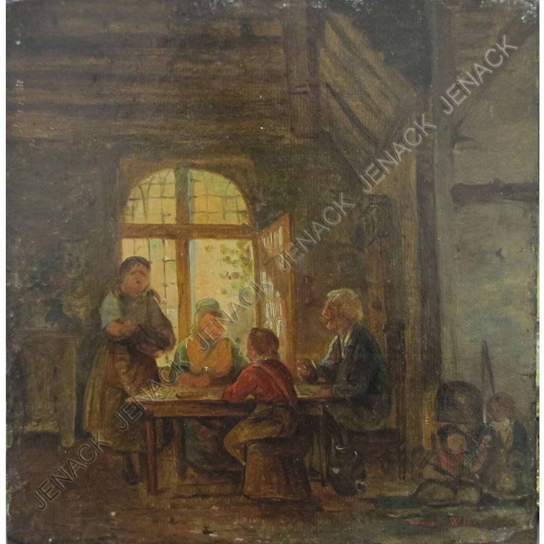 CONTINENTAL SCHOOL (18/19TH CENTURY), OIL ON PANEL: CONTINENTAL SCHOOL (18/19TH CENTURY), OIL ON PANEL, INTERIOR WITH FIGURES, SIGNED ILLEGIBLY. 8 1/2 X 8 1/4" (RESTORED)