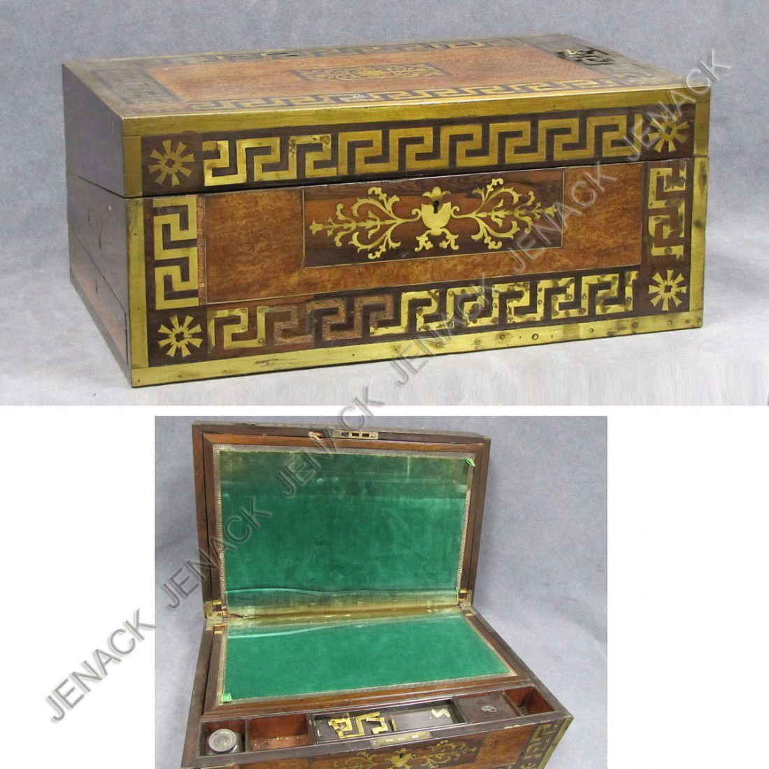 REGENCY BRASS INLAID BURL WALNUT WRITING SLANT: REGENCY BRASS INLAID BURL WALNUT WRITING SLANT, 19TH CENTURY. HEIGHT 8 1/2"; TOP 12 1/2 X 20"