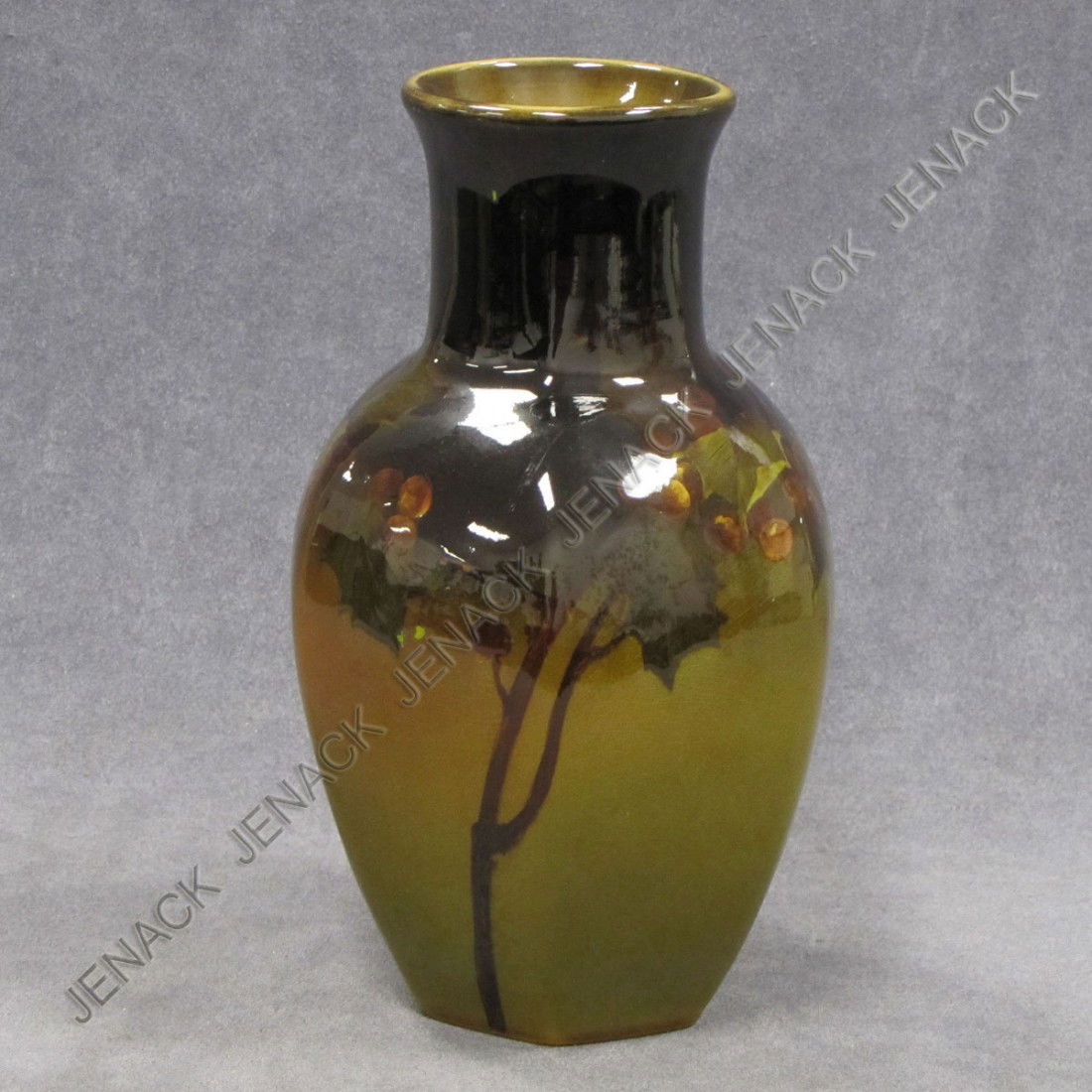 ROOKWOOD STANDARD GLAZE HOLLY POTTERY VASE: ROOKWOOD STANDARD GLAZE HOLLY DECORATED POTTERY VASE, SIGNED MLP (MARY LOUELLA PERKINS) #850, 1898. HEIGHT 8 1/2"