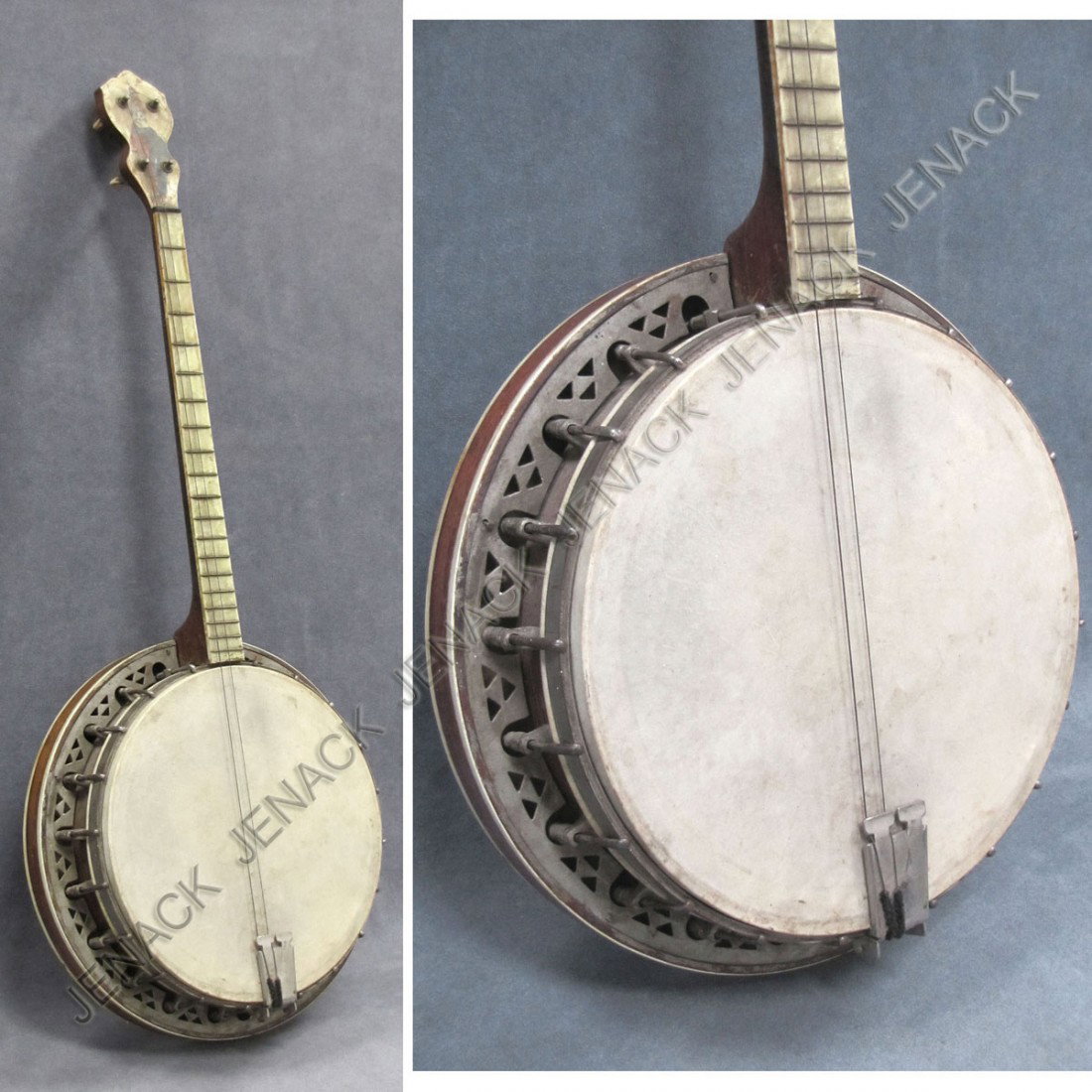 VINTAGE HARMONY TENOR BANJO: VINTAGE HARMONY TENOR BANJO WITH CELLULOID FRET BOARD AND RESONATOR. LENGTH 34"