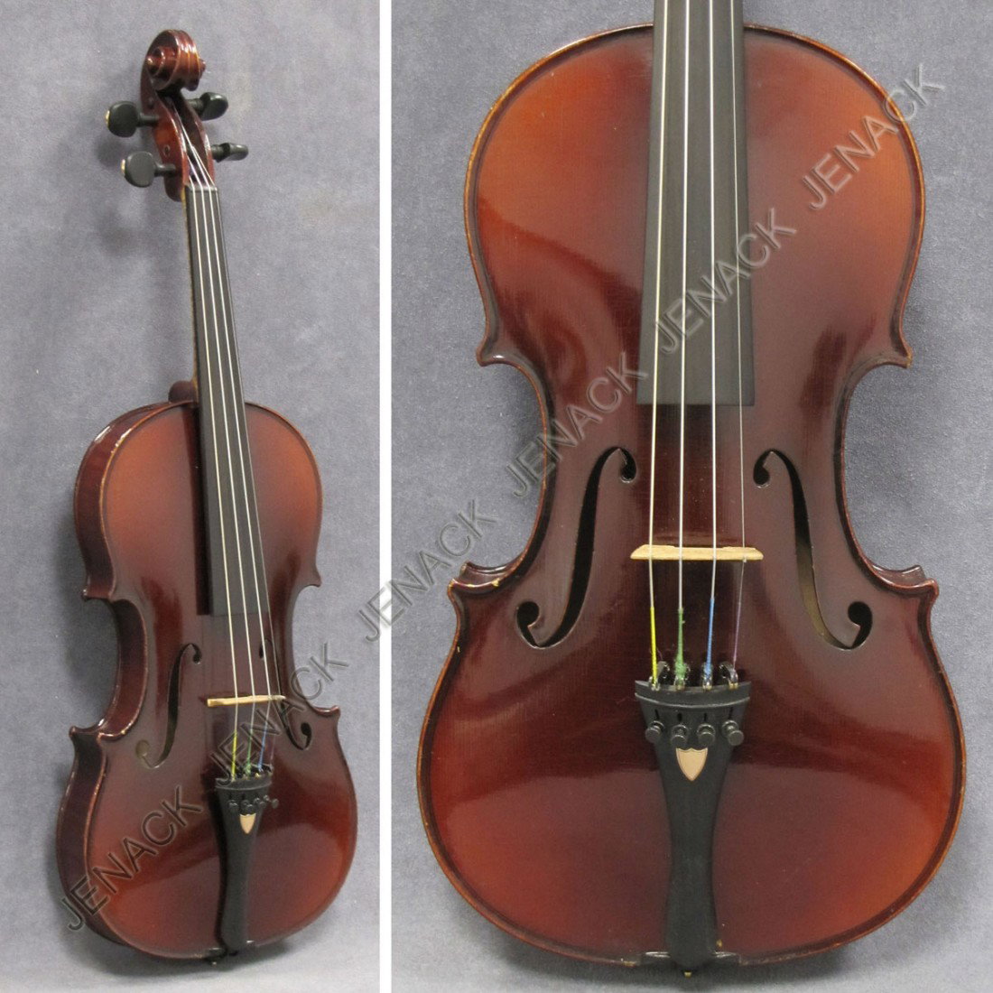 VINTAGE VIOLIN LABELED HERMANN DOLLING JR.: VINTAGE VIOLIN LABELED HERMANN DOLLING JR. WITH GOLD MOUNTED TUNING PEGS AND TAIL PIECE, DOUBLE PIECE BACK, CASED. LENGTH 14"