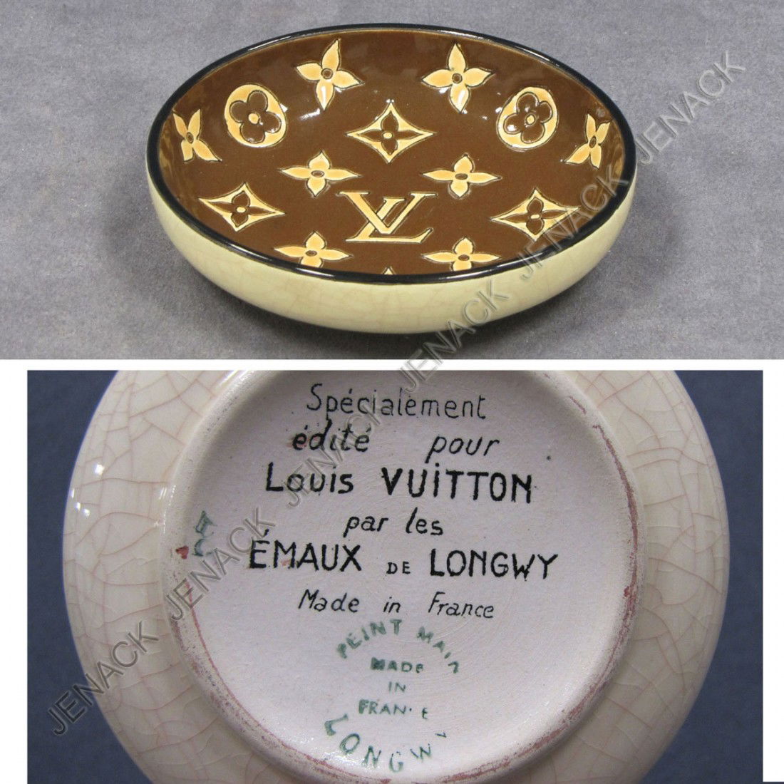 VINTAGE LOUIS VUITTON GLAZED EARTHENWARE DISH: VINTAGE LOUIS VUITTON GLAZED EARTHENWARE DISH, SIGNED "SPECIALEMENT/EDITE POUR LOUIS VUITTON/PAR LES EMAUX DE LONGWY/MADE IN FRANCE". DIAMETER 5 1/4"