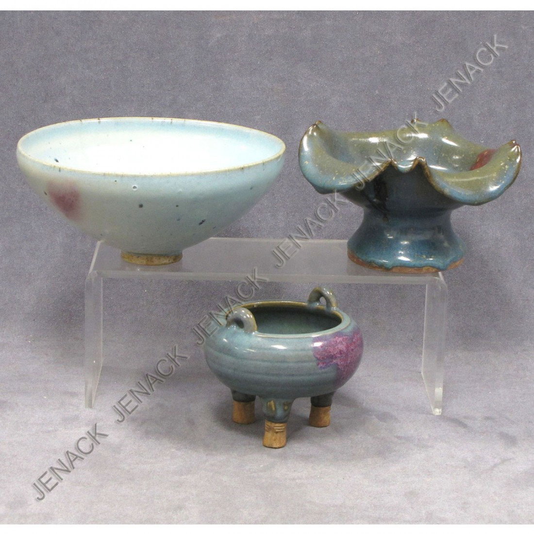 LOT (3) SONG/YUAN STYLE STONE WARE: LOT (3) SONG/YUAN STYLE STONE WARE INCLUDING CONICAL BOWL, DIAMETER 7 1/2"; PEDESTAL BOWL, HEIGHT 3 1/2"; DIAMETER 6 1/2"; TRI-FOOT CENSOR, HEIGHT 3 1/2"