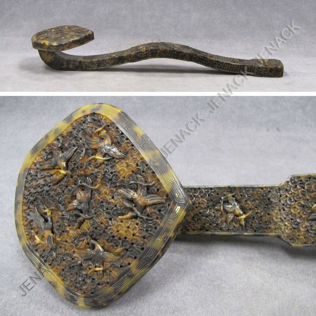 CHINESE CARVED/RETICULATED TORTOISE RUYI SCEPTER: CHINESE CARVED AND RETICULATED TORTOISE RUYI SCEPTER. LENGTH 17 1/2"