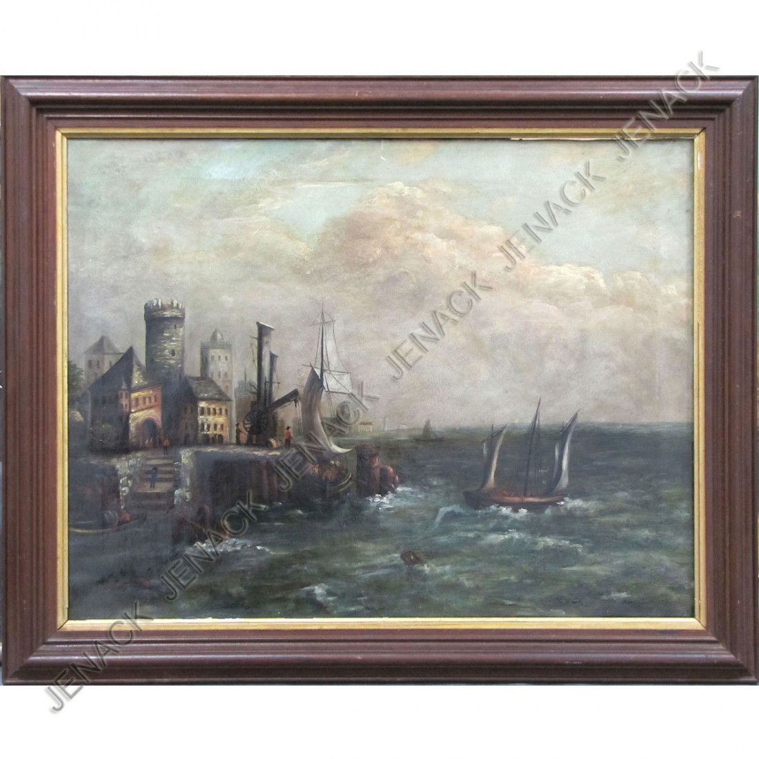 DUTCH SCHOOL (19TH CENTURY), OIL ON CANVAS, HARBOR: DUTCH SCHOOL (19TH CENTURY), OIL ON CANVAS, HARBOR SCENE WITH FIGURES. 14 X 18"