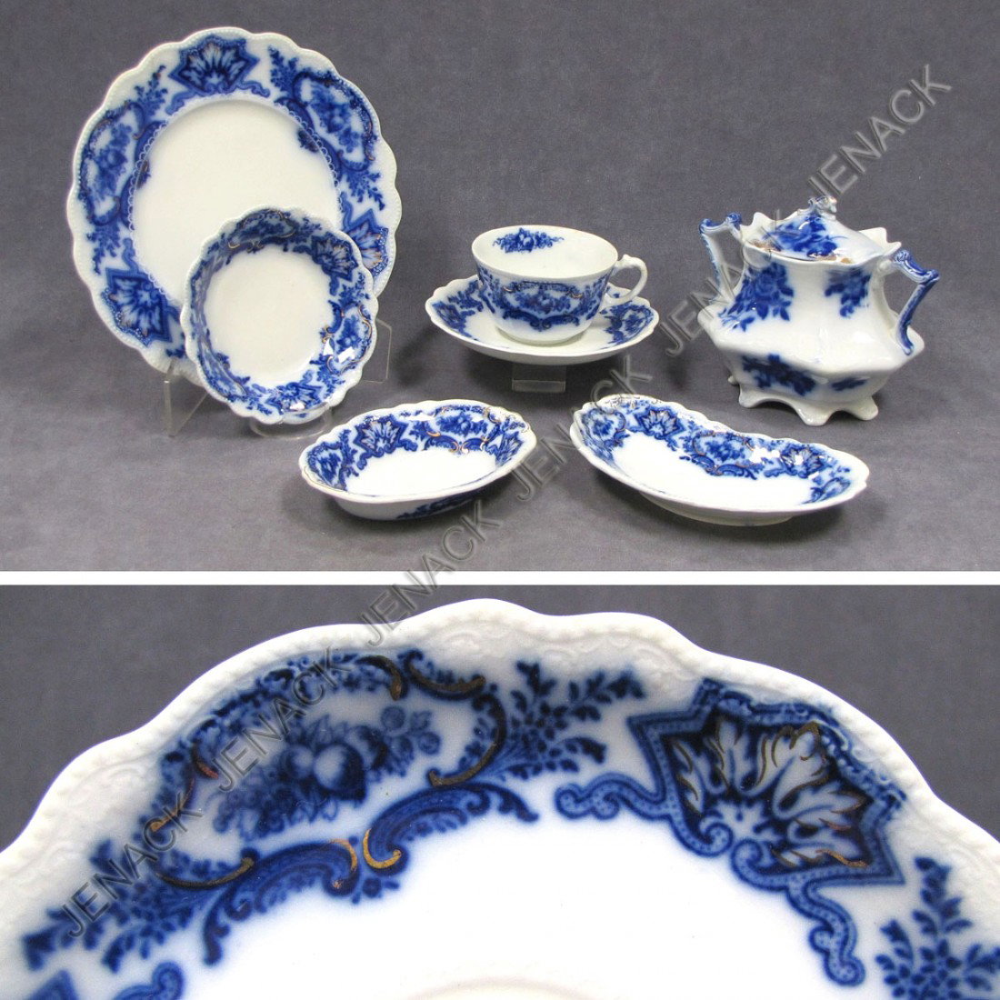 PARTIAL SET GRINDLEY "ALASKA" DINNERWARE: PARTIAL SET GRINDLEY "ALASKA" PORCELAIN FLOW BLUE DINNER SERVICE (47 PIECES) PLATE DIAMETER 9"; SUGAR HEIGHT 5 1/2"