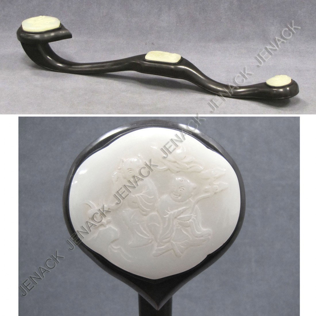 CHINESE CARVED WOOD AND WHITE JADE RUYI SCEPTER: CHINESE CARVED WOOD AND WHITE JADE RUYI SCEPTER. LENGTH 20"