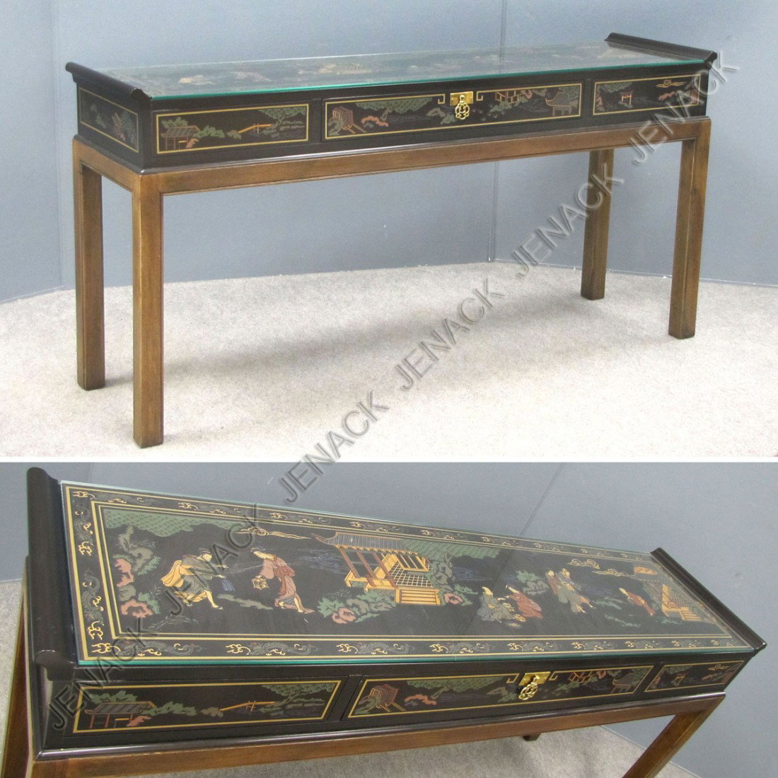 REGENCY STYLE CHINOSERIE GLASS-TOP SOFA TABLE: REGENCY STYLE CHINOSERIE GLASS-TOP SOFA TABLE, DREXEL. HEIGHT 28"; WIDTH 57"