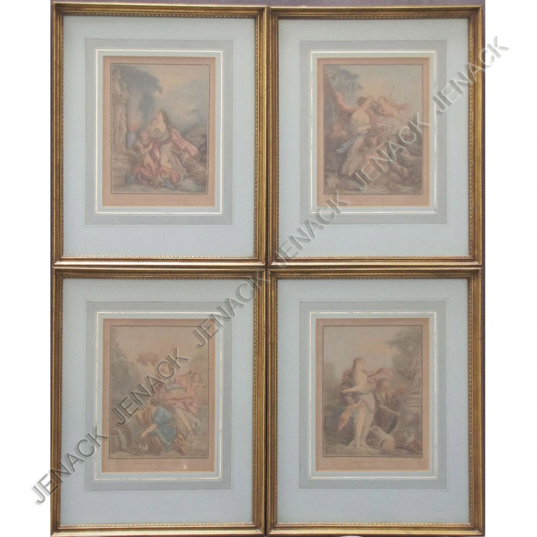 AFTER JEAN BAPTISTE HUET (FRENCH 1745-1811): AFTER JEAN BAPTISTE HUET (FRENCH 1745-1811) LOT (4) HAND COLORED ENGRAVINGS INCLUDING VENUS, HIMEN, ESPERANCE & AMITIE, 19TH CENTURY. FRAMED & GLAZED 17 X 14"