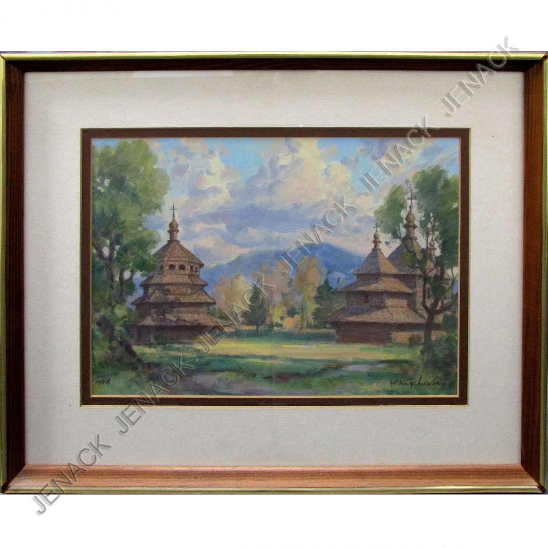 UKRAINIAN SCHOOL (20TH CENTURY) WATERCOLOR/GOUACHE: UKRAINIAN SCHOOL (20TH CENTURY) WATERCOLOR/GOUACHE, LANDSCAPE WITH CHURCHES, SIGNED V. KRYCHEVSKY 1974. SIGHT 10 X 14 1/4"; FRAMED & GLAZED 17 X 21"