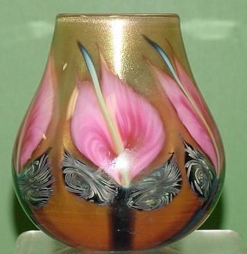 CONTEMPORARY IRIDESCENT ART GLASS VASE: CONTEMPORARY IRIDESCENT ART GLASS PAPERWEIGHT VASE, SIGNED DANIEL ROTH, 1996. HEIGHT 6 1/2"
