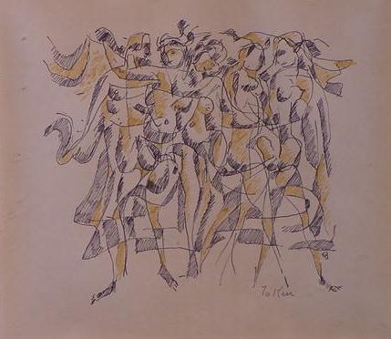 PEN/INK, EDGAR BRITTON: PEN/INK, DANCING FIGURES, MONOGRAMMED E.B. (EDGAR BRITTON, AMERICAN 1901-). SIGHT 7 1/2 X 8 1/2" (ORIGINAL RECEIPT)