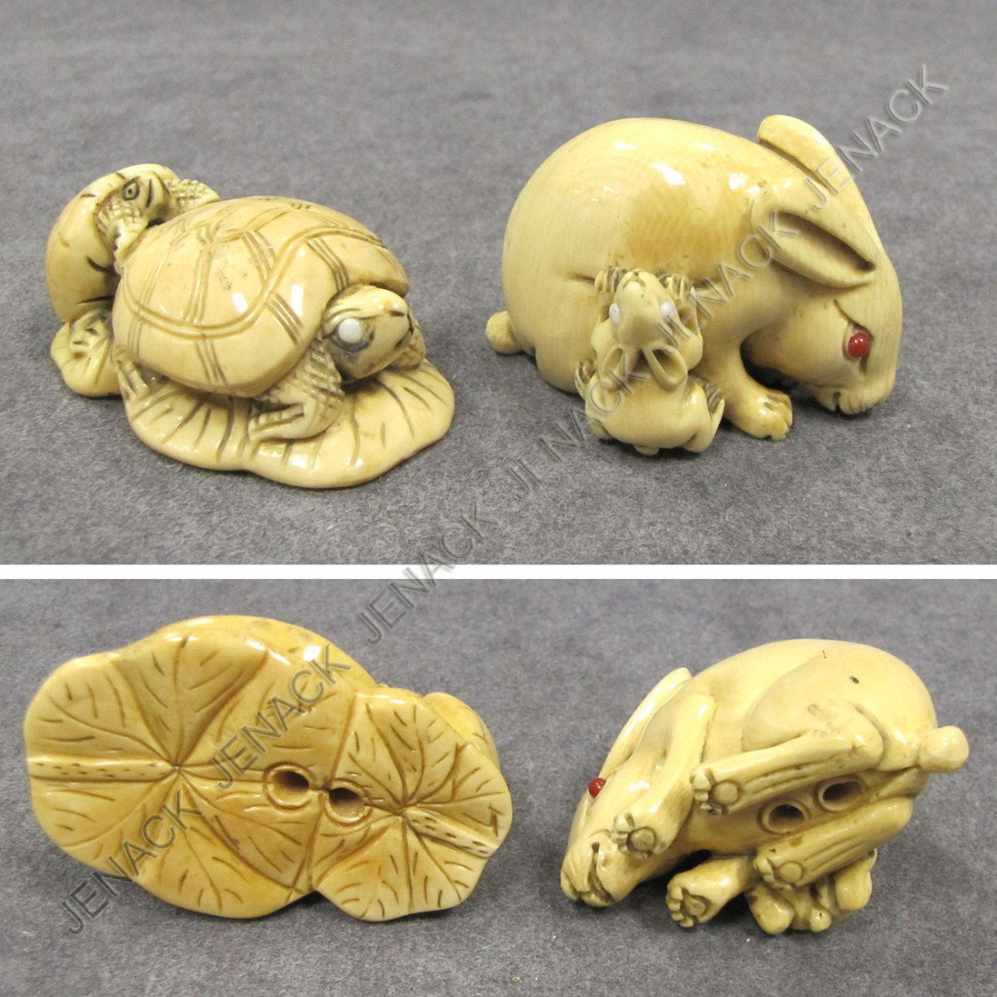 LOT (2) JAPANESE CARVED IVORY NETSUKE: LOT (2) JAPANESE CARVED IVORY NETSUKE INCLUDING TURTLES & RABBITS. LENGTH 2" **CANNOT EXPORT IVORY**