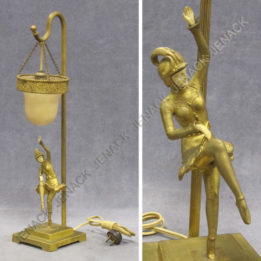 VINTAGE GERMAN ART DECO GILT METAL/ALABASTER LAMP: VINTAGE GERMAN ART DECO GILT METAL/ALABASTER FIGURAL TABLE LAMP. HEIGHT 18 1/2"