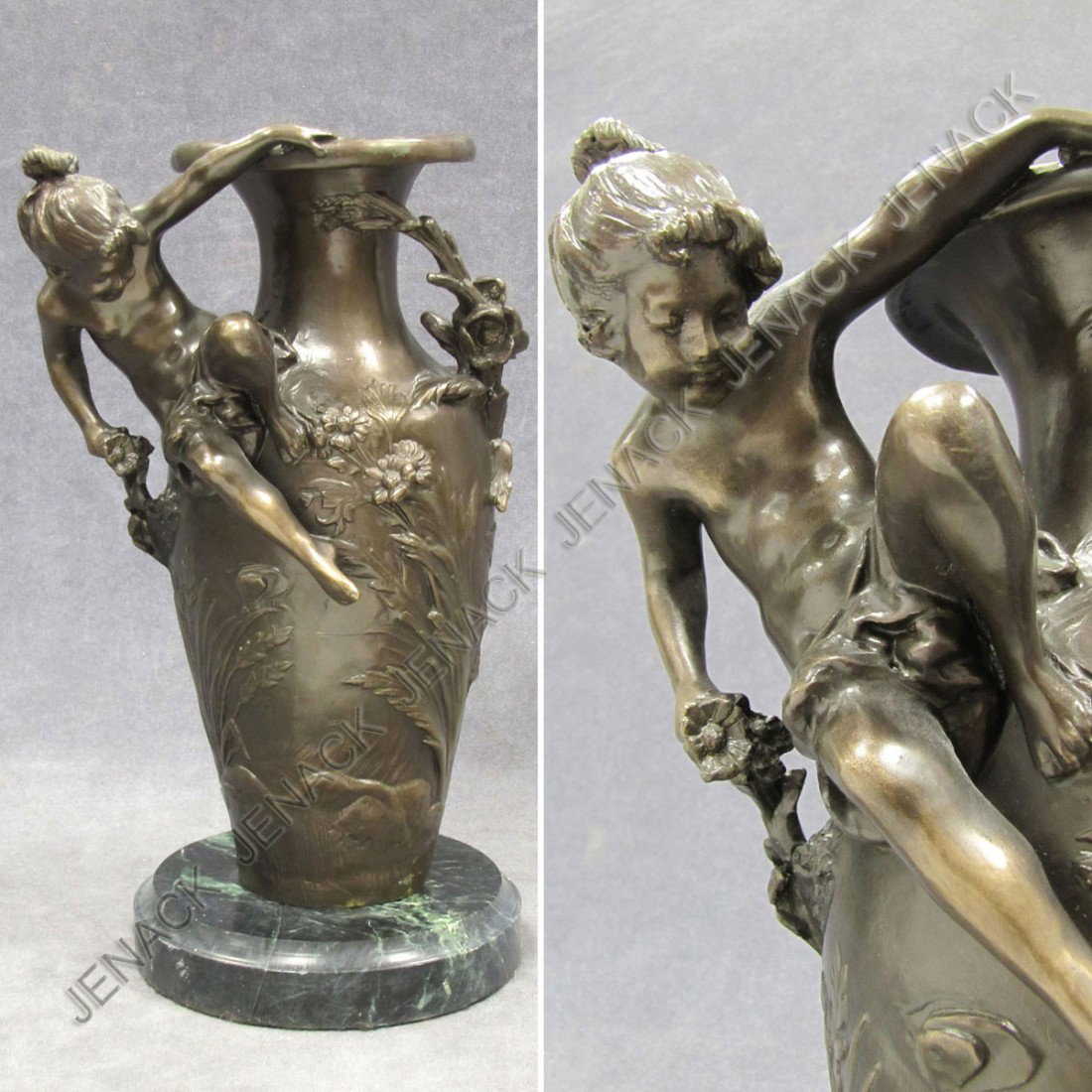 AFTER AUGUST MOREAU, BRONZE VASE WITH NYMPH, SIGN: AFTER AUGUST MOREAU, BRONZE VASE WITH NYMPH, SIGNED UPON A MARBLE BASE. HEIGHT 13"
