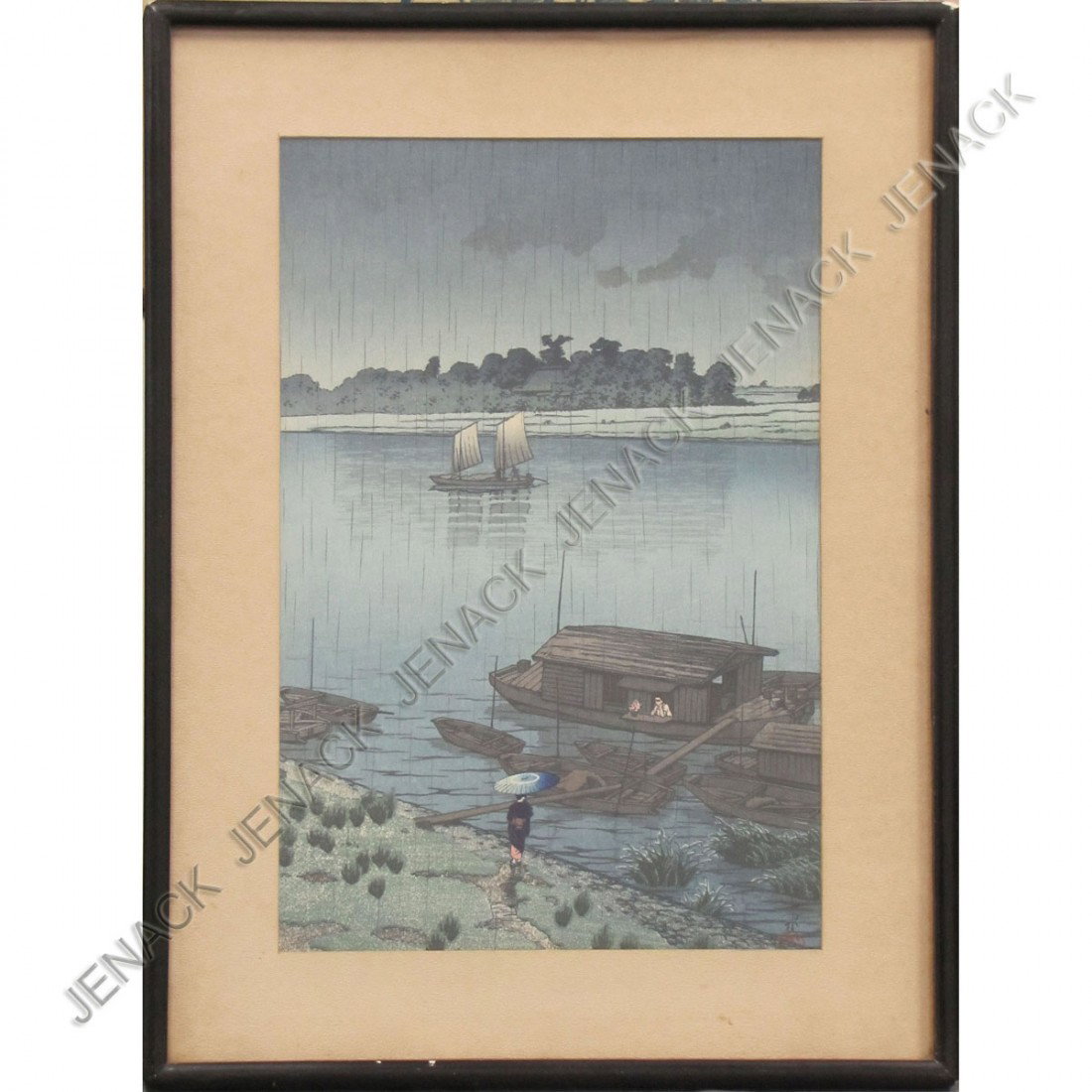KAWASE HASUI (JAPANESE 1883-1957), WOODBLOCK PRINT: KAWASE HASUI (JAPANESE 1883-1957), WOODBLOCK PRINT, EARLY SUMMER RAIN, ARAKAWA, 1932. SIGHT 14 X 19 1/4"; FRAMED AND GLAZED-18 1/2 X 14" (NOTE: ILLUSTRATED HASUI PL #283)