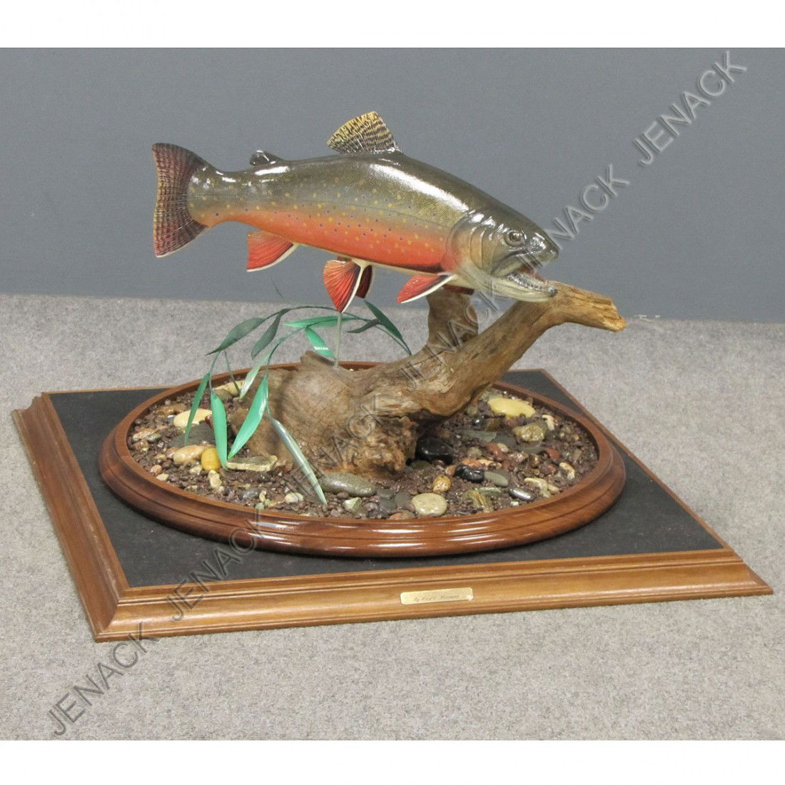 WARD E. HERRMANN (AMERICAN NY 1936-2009): WARD E. HERRMANN (AMERICAN NY 1936-2009) CARVED AND PAINTED NORTHERN BROOK TROUT WITH LUCITE DISPLAY CASE. HEIGHT 20"; WIDTH 24"