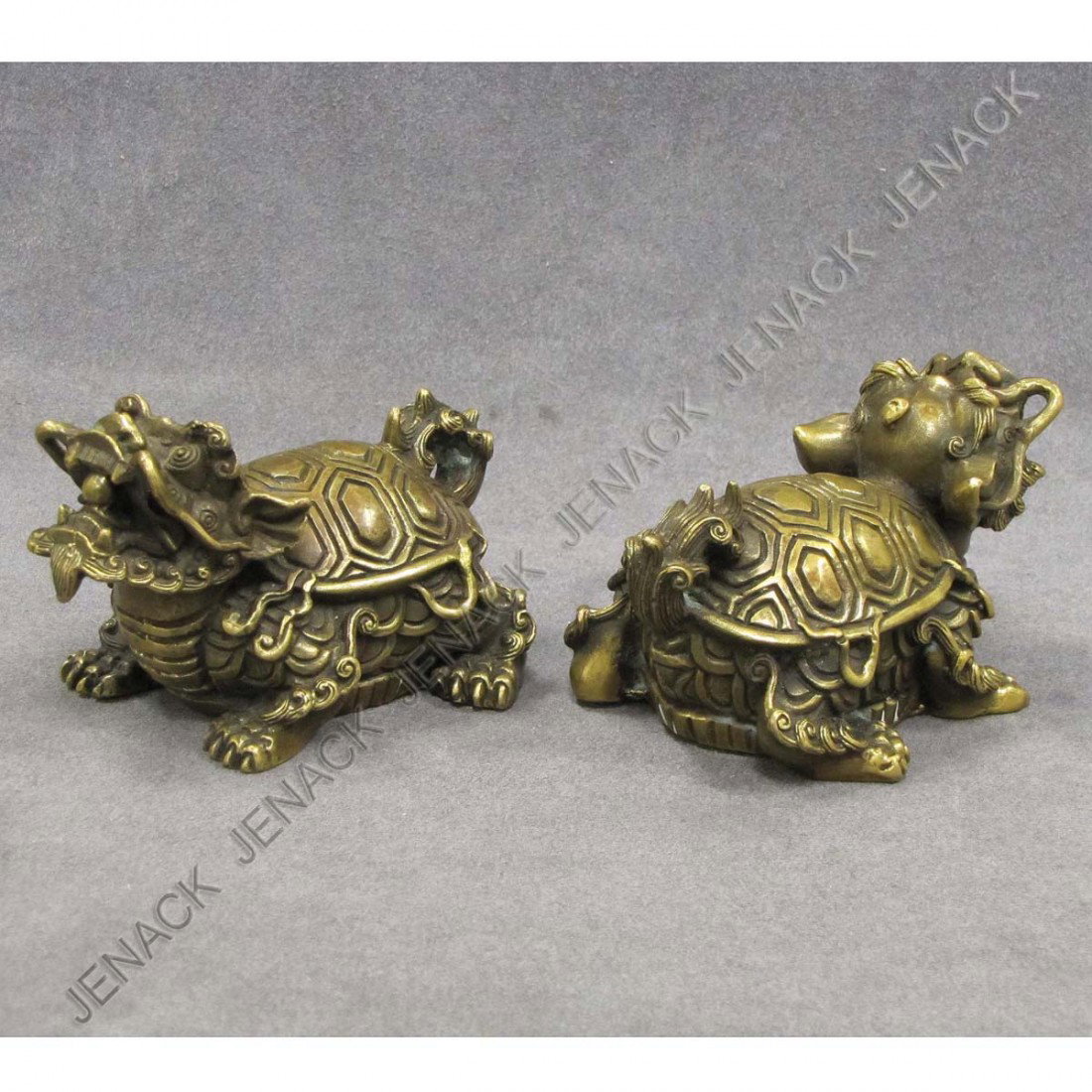 PAIR CHINESE BRASS TEMPLE GUARDIANS, SIGNED : PAIR CHINESE BRASS TEMPLE GUARDIANS, SIGNED. HEIGHT 3"; LENGTH 4 1/2"