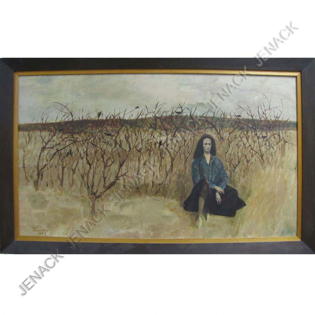 ARTHUR POLONSKY (AMERICAN, MASSACHUSETTS 1925-): ARTHUR POLONSKY (AMERICAN, MASSACHUSETTS 1925-), OIL ON CANVAS, FIGURE IN A LANDSCAPE, SIGNED 1953. 25 X 43"; FRAMED 31 X 48"