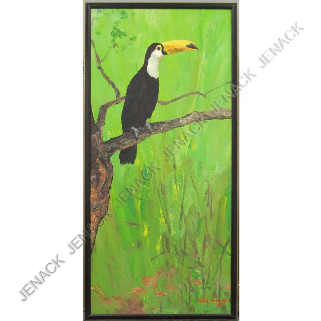JOHN F. GOULD (AMERICAN 1906-1996), OIL ON PANEL: JOHN F. GOULD (AMERICAN 1906-1996), OIL ON PANEL, MACAW, SIGNED. 48 X 22"; FRAMED 50 X 24"