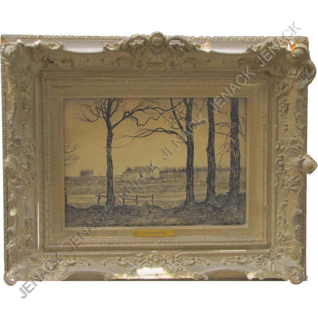 RALPH ALBERT BLAKELOCK (AMERICAN 1847-1919), INK: RALPH ALBERT BLAKELOCK (AMERICAN 1847-1919), INK ON BUFF PAPER, LANDSCAPE WITH FARM, SIGNED R.A. BLAKELOCK, MAY 10, 1877. SIGHT 9 X 12"; FRAMED AND GLAZED-16 1/2 X 20"