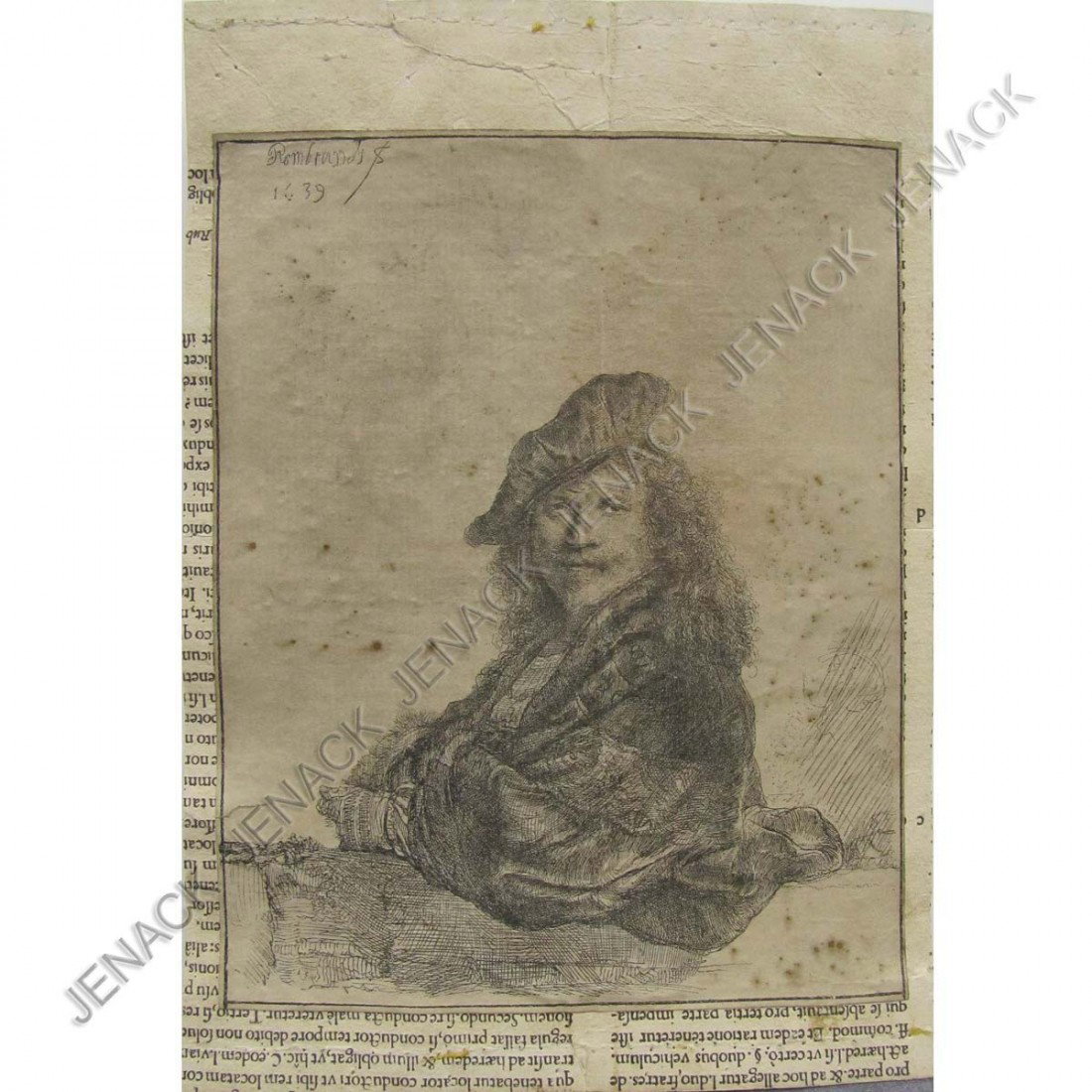 REMBRANDT VAN RIJN, ETCHING, REMBRANDT : REMBRANDT VAN RIJN, ETCHING, REMBRANDT LEANING ON A STONE WALL (B 21, H 168), SCARCE BUT LATER IMPRESSION. SHEET 8 X 6 3/8" (GLUED DOWN)