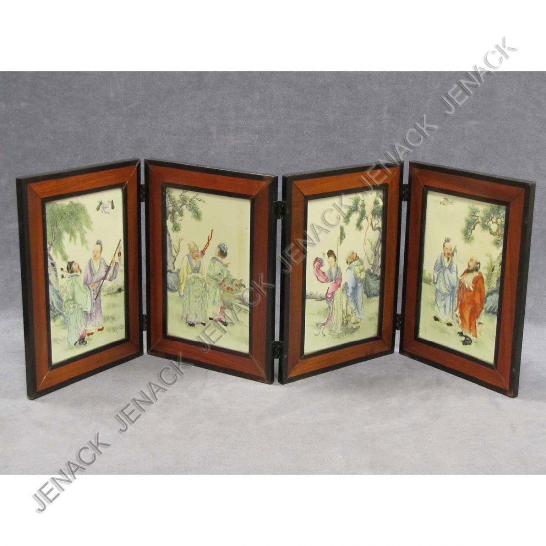 CHINESE TABLE SCREEN WITH PORCELAIN PANELS: CHINESE HARDWOOD 4-PANEL TABLE SCREEN WITH FAMILLE ROSE DECORATED PORCELAIN PANELS. HEIGHT 10 1/4"; WIDTH 30"