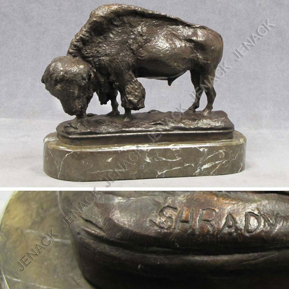AFTER HENRY MERWIN SHRADY (AMERICAN 1871-1922): AFTER HENRY MERWIN SHRADY (AMERICAN 1871-1922), BRONZE, ELK BUFFALO, SIGNED, UPON A MARBLE BASE. HEIGHT 11"; LENGTH 13"