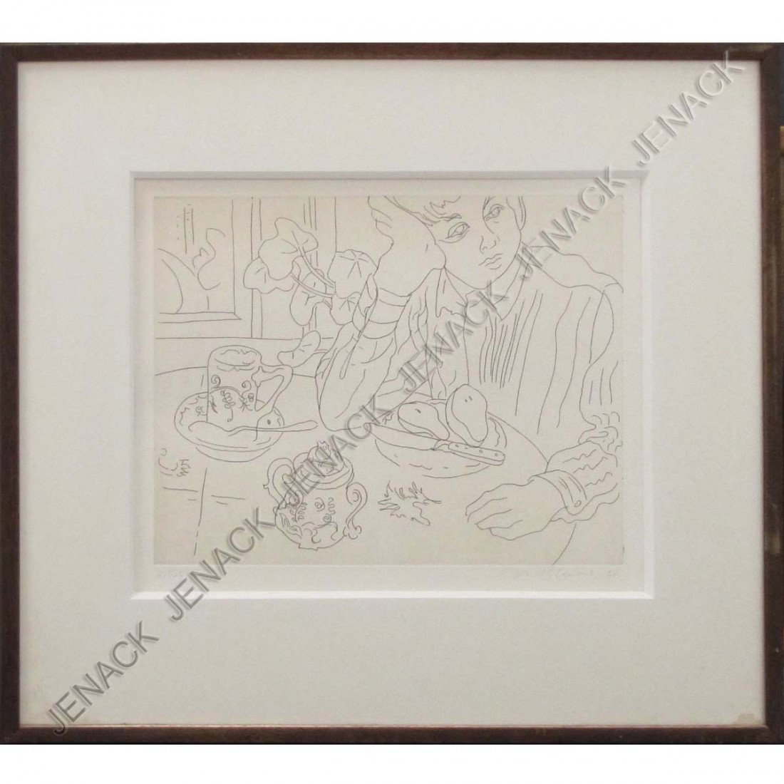 NELL BLAIR WALDEN BLAINE (AMERICAN NY 1922-1996): NELL BLAIR WALDEN BLAINE (AMERICAN NY 1922-1996), ETCHING, "AT A TABLE BY A WINDOW", SIGNED, ARTIST'S PROOF 1968 (EDITION OF 28). PLATE 11 X 13 1/2"; FRAMED AND GLAZED-20 1/2 X 23"