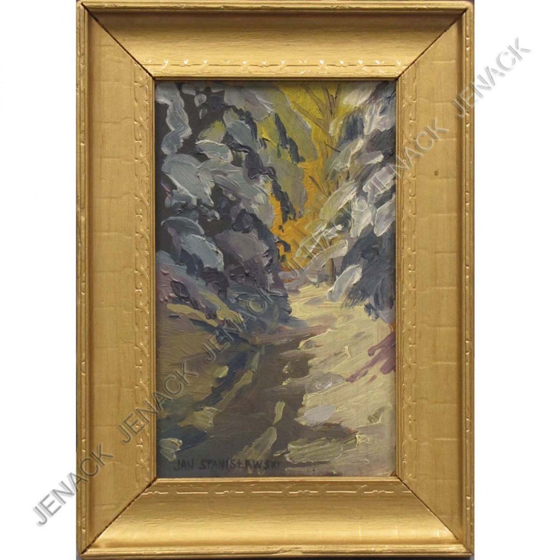 JAN STANISLAWSKI (POLAND 1860-1907), OIL ON PANEL: JAN STANISLAWSKI (POLAND 1860-1907), OIL ON PANEL, WINTER IN THE FOREST, SIGNED 8 X 5"; FRAMED 10 3/4 X 7 3/4"