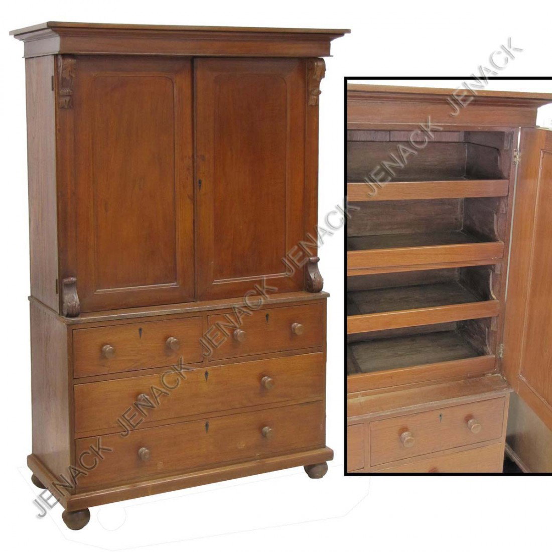 ANGLO INDIAN CARVED TEAKWOOD LINEN PRESS: ANGLO INDIAN CARVED TEAKWOOD LINEN PRESS, 19TH CENTURY. HEIGHT 68 1/2"; WIDTH 42"