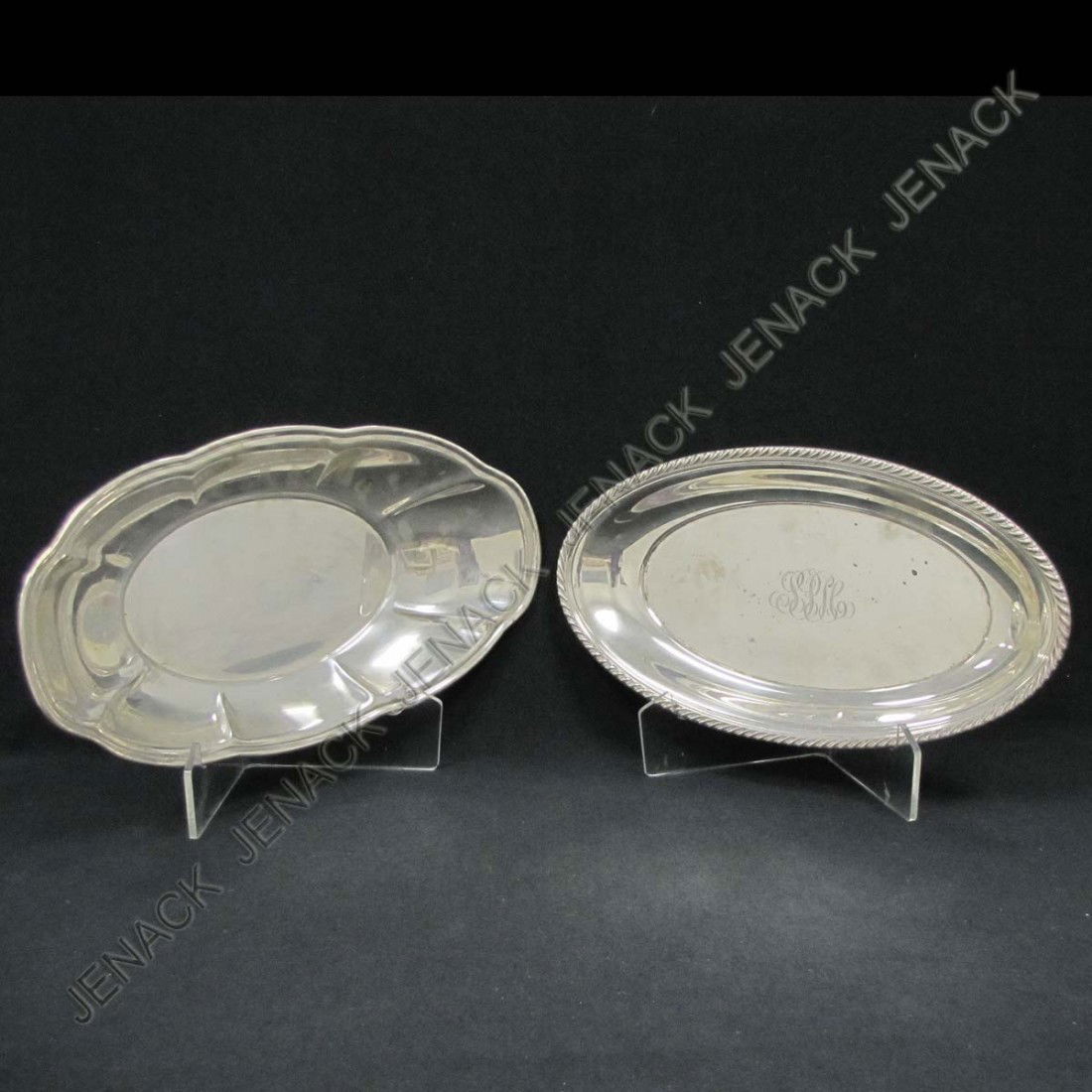 LOT (2) STERLING SILVER BREAD TRAYS: LOT (2) STERLING SILVER BREAD TRAYS INCLUDING GORHAM #210, MONOGRAMMED. LENGTH 11 1/2-12"; TWT 18.74 OZT