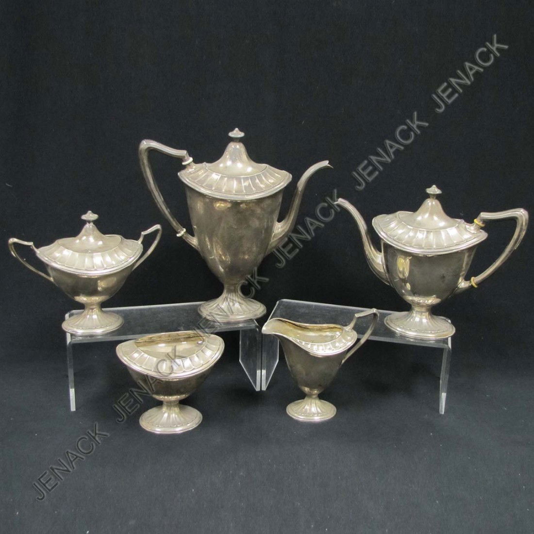 WALLACE SHERATON STYLE STERLING SILVER TEA/COFFEE: WALLACE SHERATON STYLE STERLING SILVER TEA/COFFEE SET (5) #2800 INCLUDING COFFEE POT, HEIGHT 10"; TEA POT, HEIGHT 8"; COVERED SUGAR, HEIGHT 6 1/2"; CREAMER, HEIGHT 5 1/2"; WASTE, HEIGHT 4 1/2"; TWT 64