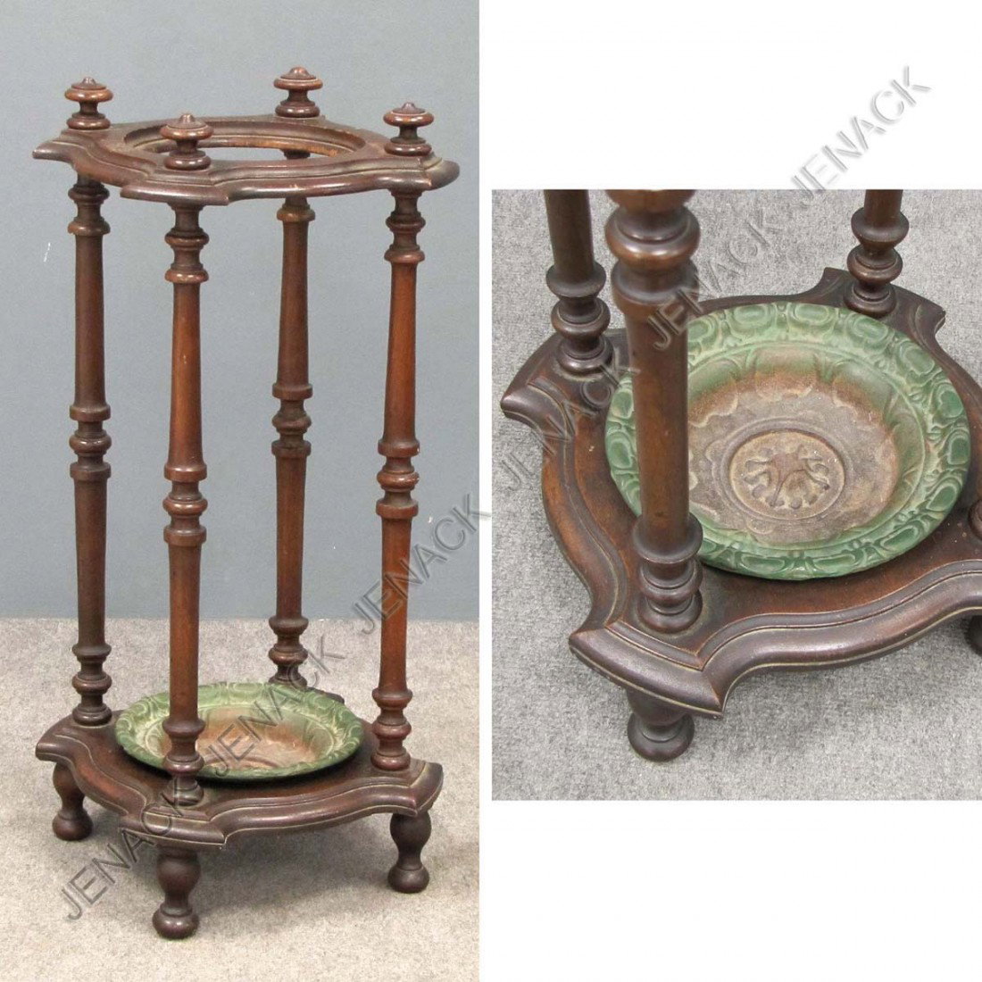 ANTIQUE MAHOGANY UMBRELLA STAND: ANTIQUE MAHOGANY UMBRELLA STAND WITH PAINTED IRON PAN