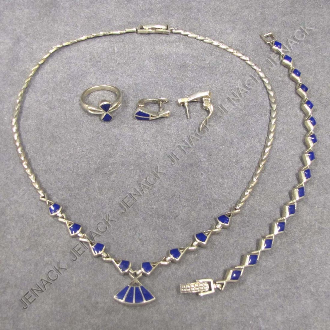 SET (4) 925 STERLING & LAPIS LAZULI NECKLACE: SET (4) 925 STERLING & LAPIS LAZULI NECKLACE, BRACELET, PIERCED EARRINGS & RING. RING SIZE 8; GROSS WEIGHT 1.96 OZT