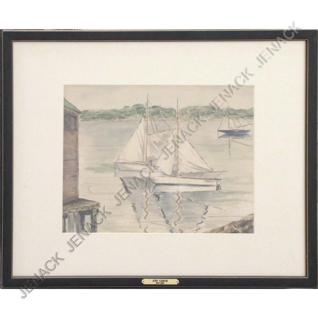 JOHN GANNAN (AMERICAN 1907-1965), WATERCOLOR: JOHN GANNAN (AMERICAN 1907-1965), WATERCOLOR, HARBOR WITH SAIL BOATS, SIGNED. 9 1/2 X 13"; FRAMED AND GLAZED-17 X 21"