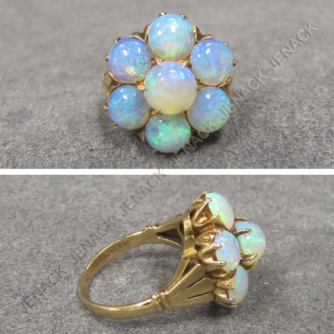 14K YELLOW GOLD AND 7-STONE BLACK OPAL RING: 14K YELLOW GOLD AND 7-STONE BLACK OPAL RING. RING SIZE 6 1/2