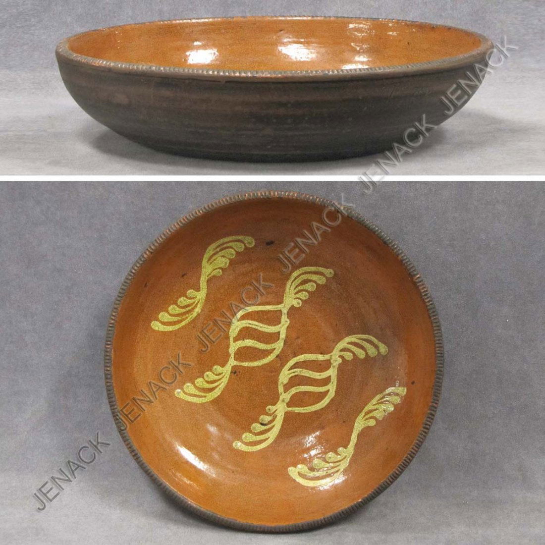 SLIP DECORATED REDWARE BOWL: SLIP DECORATED REDWARE BOWL. DIAMETER 11"