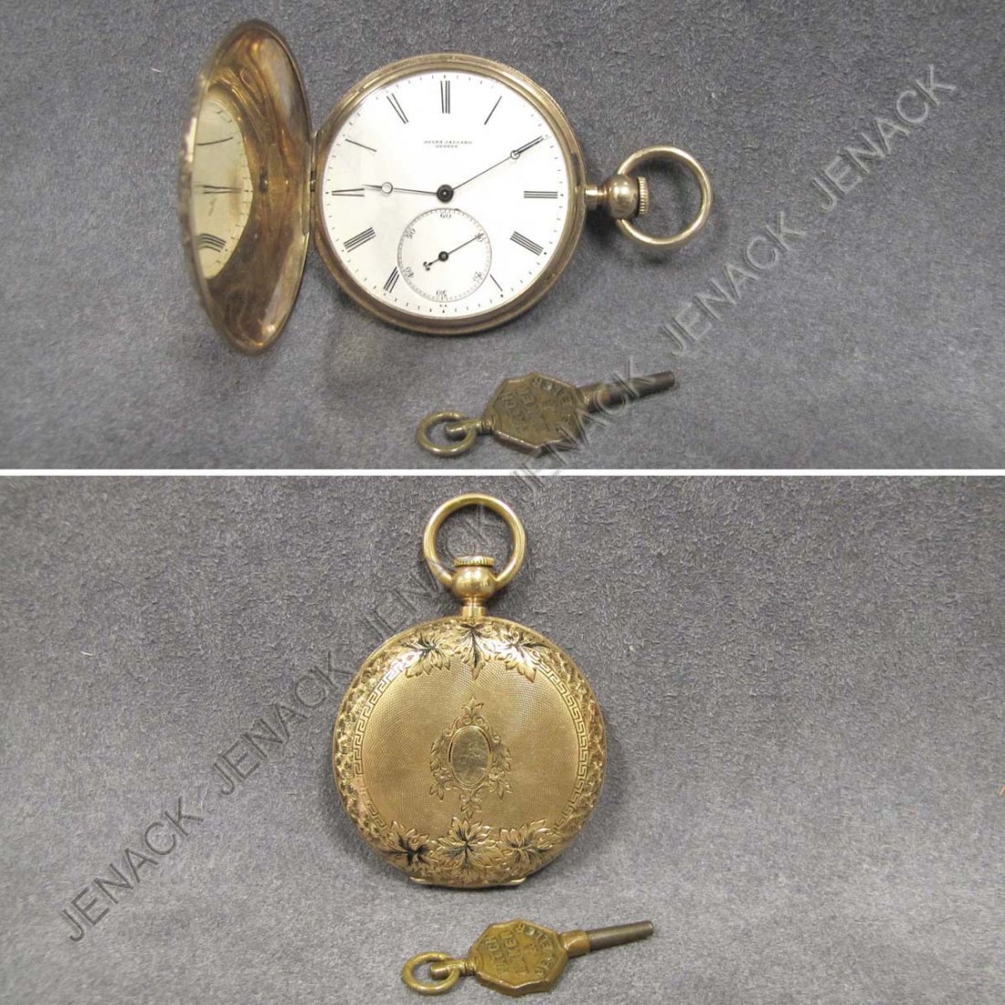 VINTAGE JULES JACCARD/GENEVE YELLOW GOLD: VINTAGE JULES JACCARD/GENEVE YELLOW GOLD (TEST 14K) KEY-WIND HUNTER CASE POCKET WATCH. 44MM