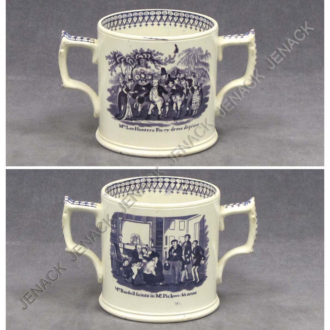 JOHN & ROBERT GODWIN, "PICKWICK" SOFT PASTE MUG: JOHN & ROBERT GODWIN, "PICKWICK" SOFT PASTE DOUBLE HANDLE MUG, 19TH CENTURY. HEIGHT 5"
