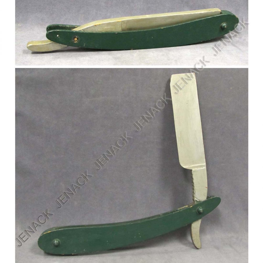 VINTAGE CARVED AND PAINTED WOOD BARBER TRADE SIGN: VINTAGE CARVED AND PAINTED WOOD BARBER TRADE SIGN (IN THE FORM OF A STRAIGHT RAZOR). LENGTH 43"