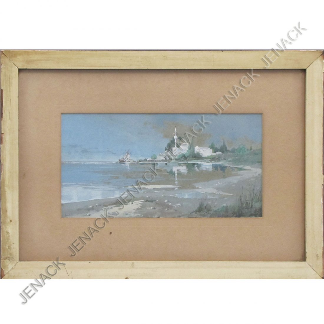 WILLIAM LOUIS SONNTAG JR. (AMERICAN 1869-1898): WILLIAM LOUIS SONNTAG JR. (AMERICAN 1869-1898), WATERCOLOR, MOSQUE BY THE SEA, SIGNED. 7 X 13"; FRAMED AND GLAZED-14 X 16 1/2"