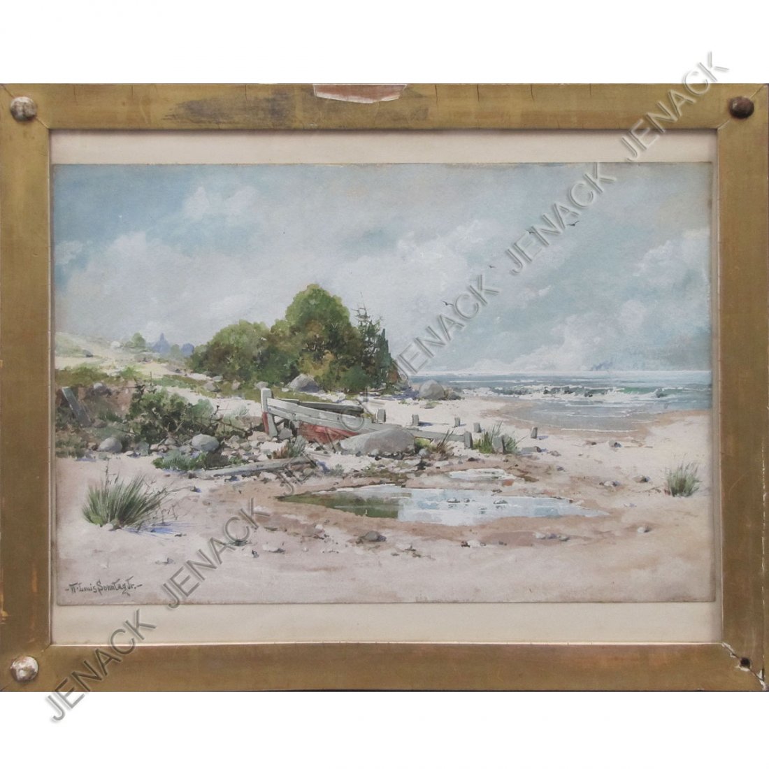 WILLIAM LOUIS SONNTAG JR. (AMERICAN 1869-1898): WILLIAM LOUIS SONNTAG JR. (AMERICAN 1869-1898), WATERCOLOR, BEACHED DINGY WITH TREES, SIGNED. 10 X 14"; FRAMED AND GLAZED-14 X 16 1/2"