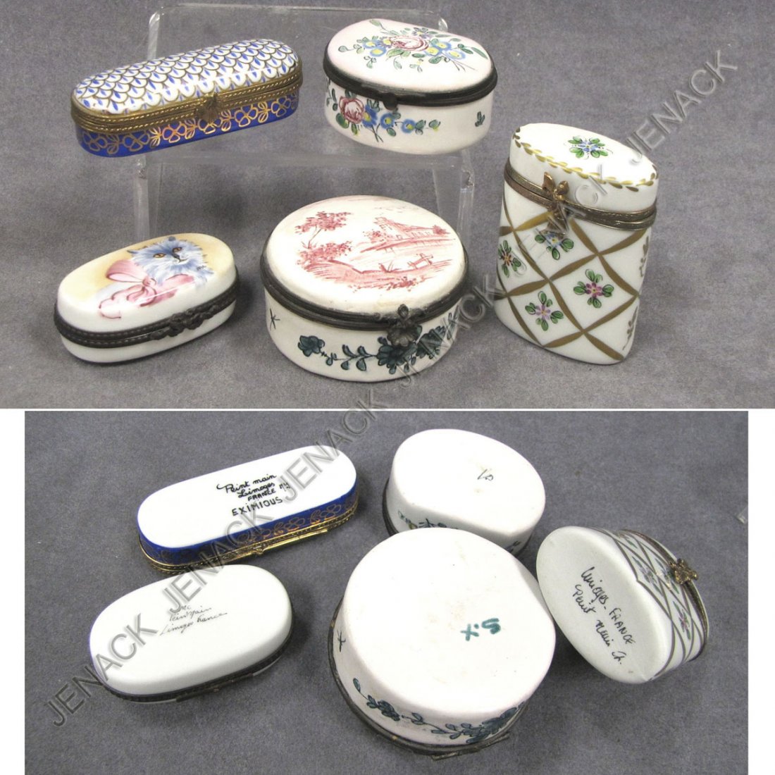 LOT (5) VINTAGE LIMOGES ENAMELED BOXES: LOT (5) ASSORTED VINTAGE LIMOGES DECORATED PORCELAIN AND ENAMEL COVERED BOXES. HEIGHT 1/2-2 1/2"