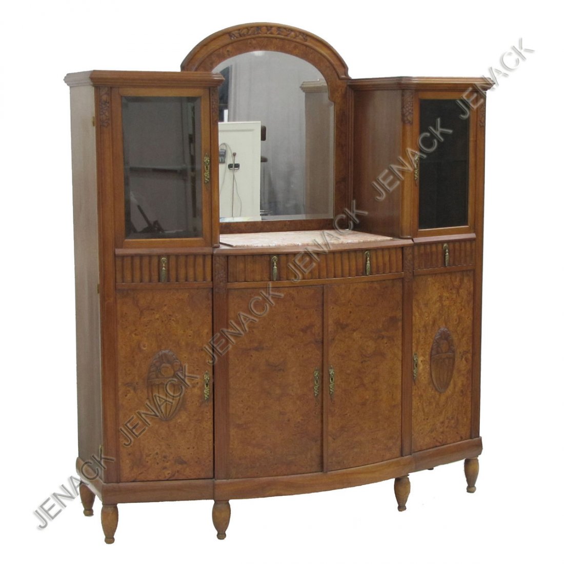 FRENCH ART DECO BURL WALNUT & MARBLE SIDEBOARD: FRENCH ART DECO CARVED BURL WALNUT AND MARBLE INSET SIDEBOARD. HEIGHT 74"; WIDTH 60"